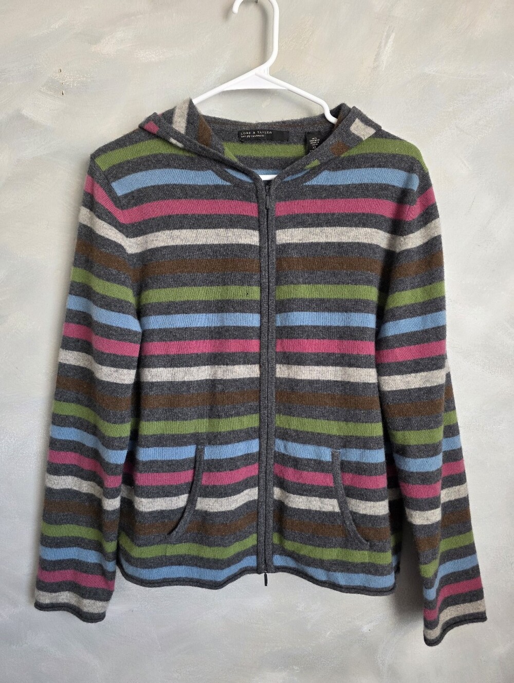 Vtg Lord & Taylor 2PLY Cashmere Multicolor Horizontal Stripe Full Zip Hoodie XL